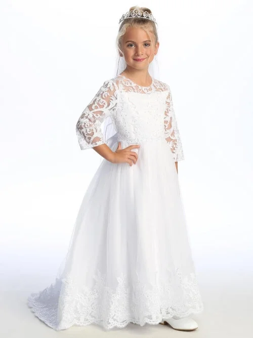 Girls Sequin Embroidered Train Tulle Communion Dress 6-14