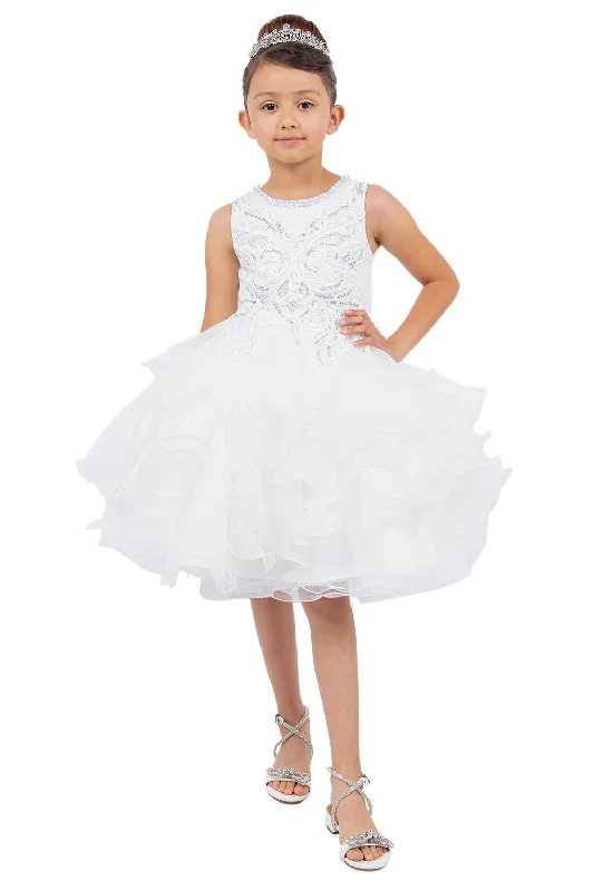 Girls Sparkling Sequin Lace Top Over Laid Tulle Skirt Flower Girl Dress 2-12