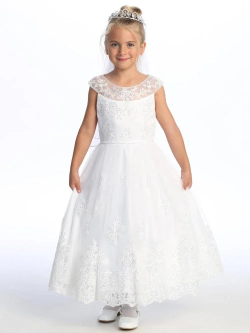 Girls White Sequin Corded Embroidered Tulle Communion Dress 6-12