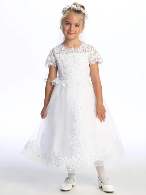 Girls White Sequin Corded Embroidered Tulle Tea-Length Communion Dress 6-12