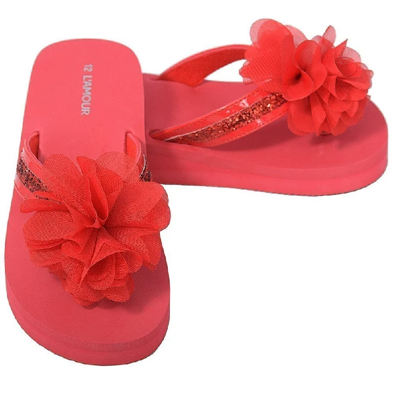 Red Sequin Strap Flower Flip Flop Sandals Little Girls 11-4