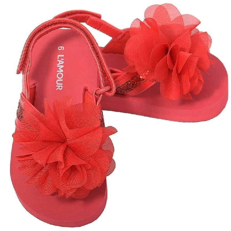 Red Sequin Strap Flower Flip Flop Sandals Toddler Girls 5-10