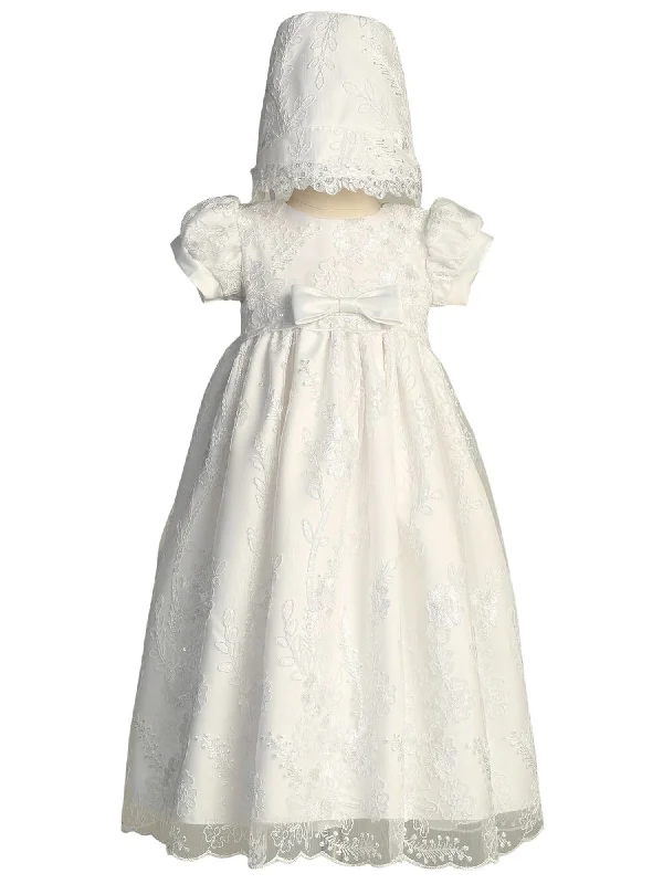 Baby Girls White Embroidered Tulle Sequin Bonnet Grace Christening Gown 0-18M