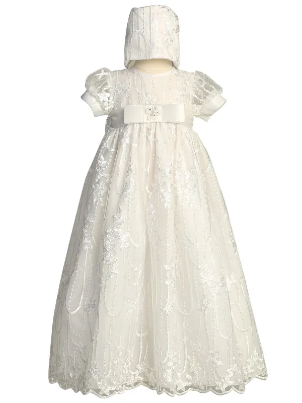 Baby Girls White Embroidered Tulle Sequin Bonnet Nicole Christening Gown 0-18M