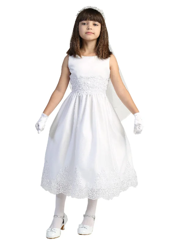 Big Girls White Corded Sequin Embroidery Tulle Communion Dress 7-12