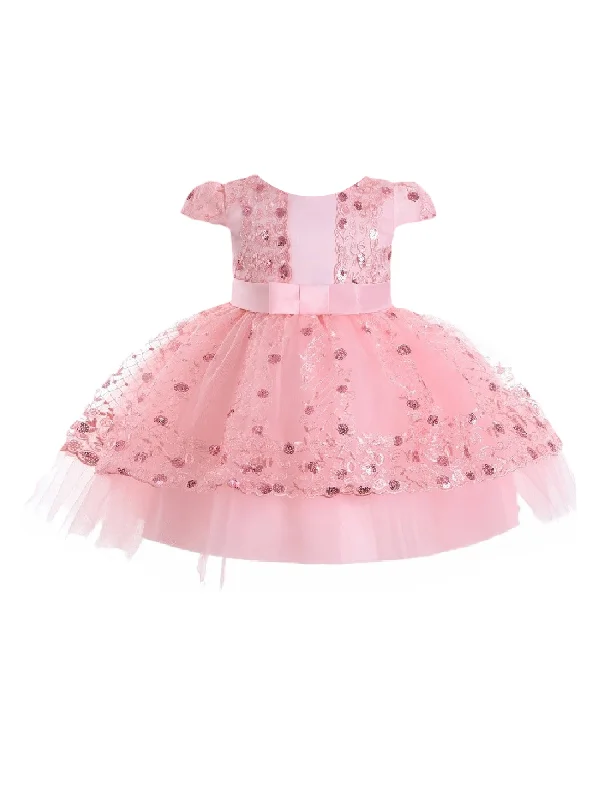 Little Girls Blush Sequin Embroidery Cape Sleeve Flower Girl Dress 2T-4T