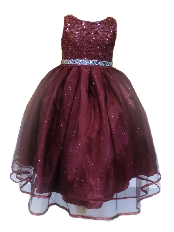 Little Girls Burgundy Lace Sequin Belt Glitter Tulle Flower Girl Dress 2-6