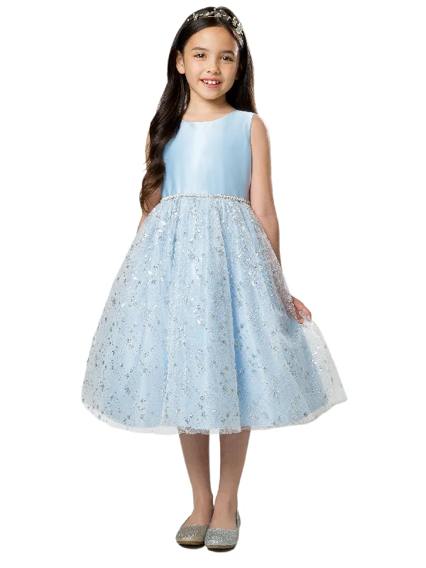 Little Girls Light Blue Satin Diamond Sequin Crystal Tulle Flower Girl Dress 2-6