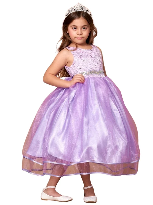 Little Girls Lilac Lace Sequin Belt Glitter Tulle Flower Girl Dress 2-6