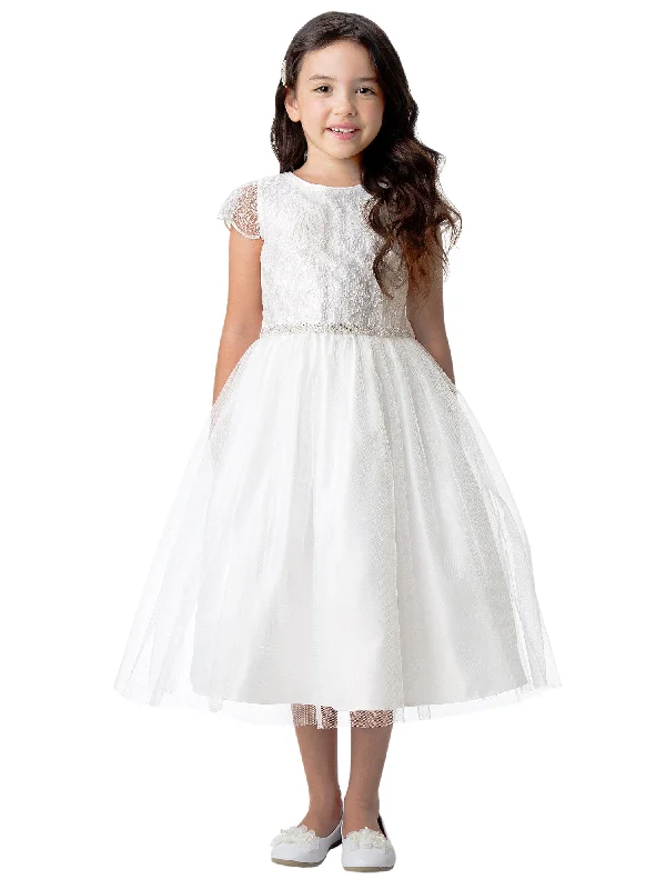 Little Girls Off White Cord Sequin Embroidered Lace Tulle Flower Girl Dress 2-6