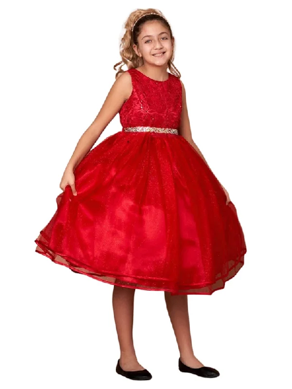 Little Girls Red Lace Sequin Belt Glitter Tulle Flower Girl Dress 2-6