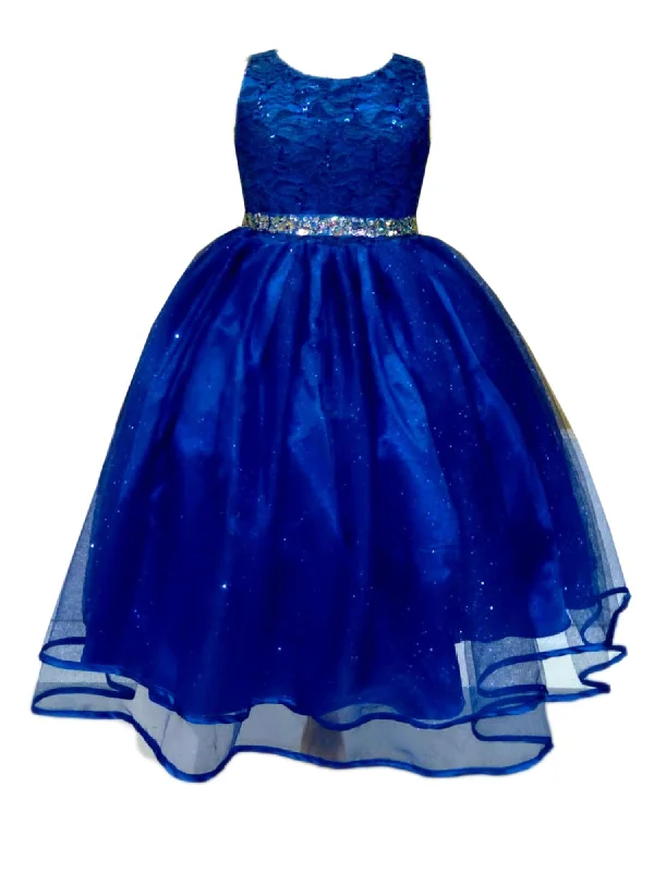 Little Girls Royal Blue Lace Sequin Belt Glitter Tulle Flower Girl Dress 2-6