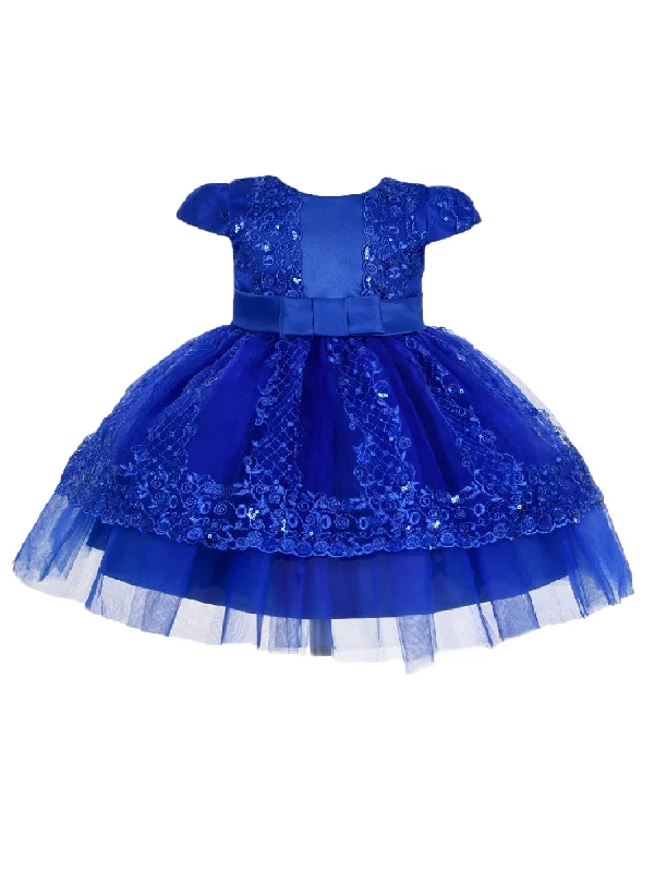 Little Girls Royal Blue Sequin Embroidery Cape Sleeve Flower Girl Dress 2T-4T