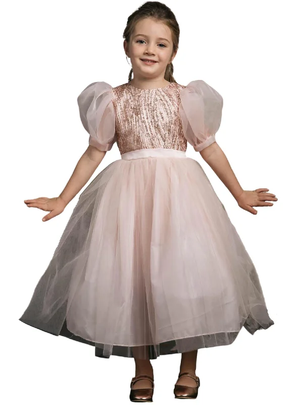 Girls Blush Bubble Sleeve Sequin Bodice Organza Dress, Sizes 2-12