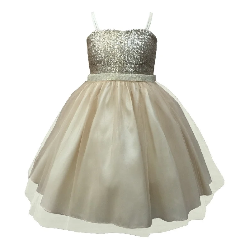 Little Girls Champagne Sequined Top Tulle Flower Girl Dress 2T-6