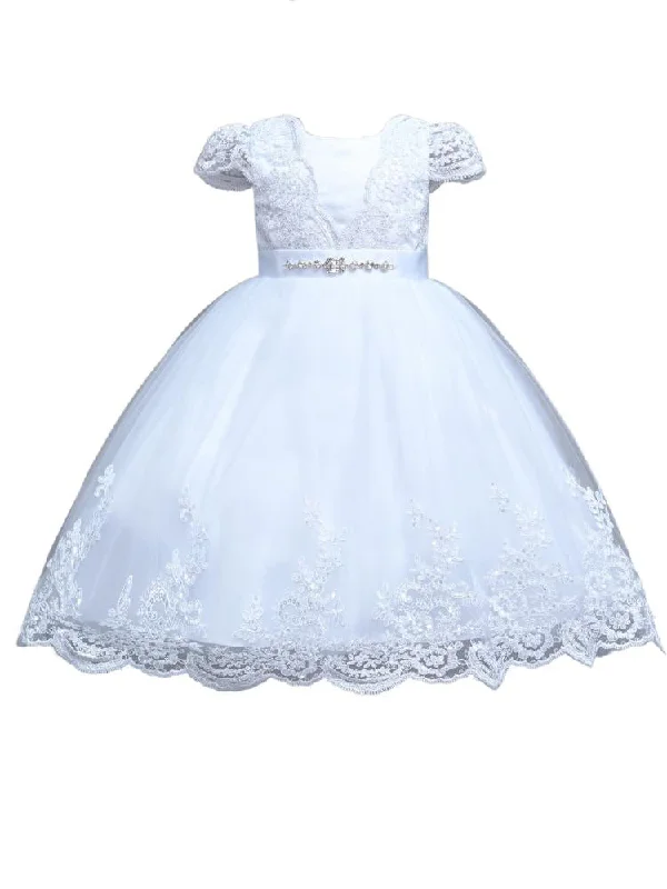 Girl Sequin Beaded Lace Christening Dress with Waist Tie and Matching Headband Sizes 6M-6T