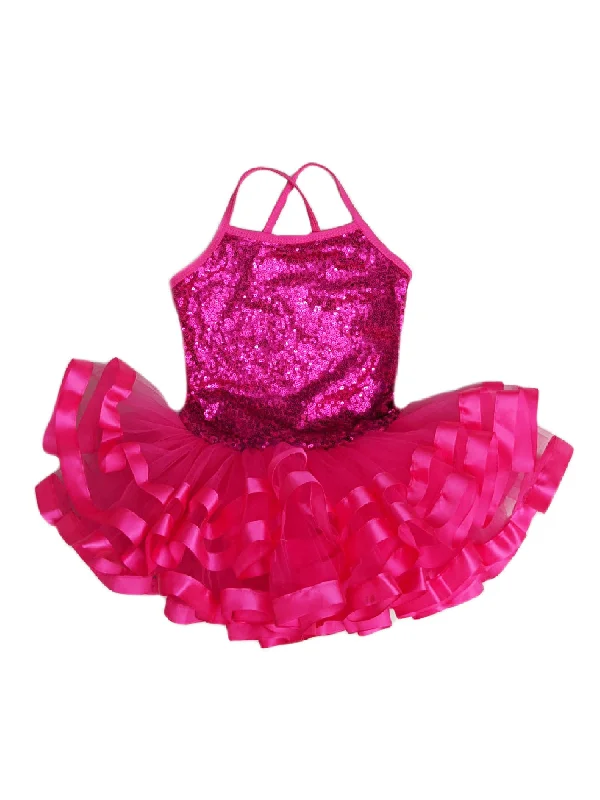 Girls Hot Pink Sequin Cross Back Ribbon Tutu Ballet Dress 9M-8