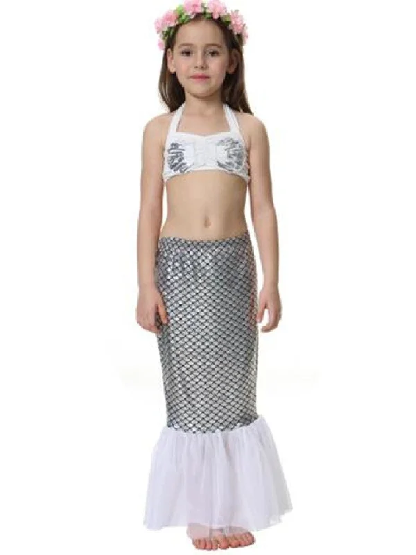 Girls Silver White Scales Sequins 3 Pieces Swimsuit Set 2-9