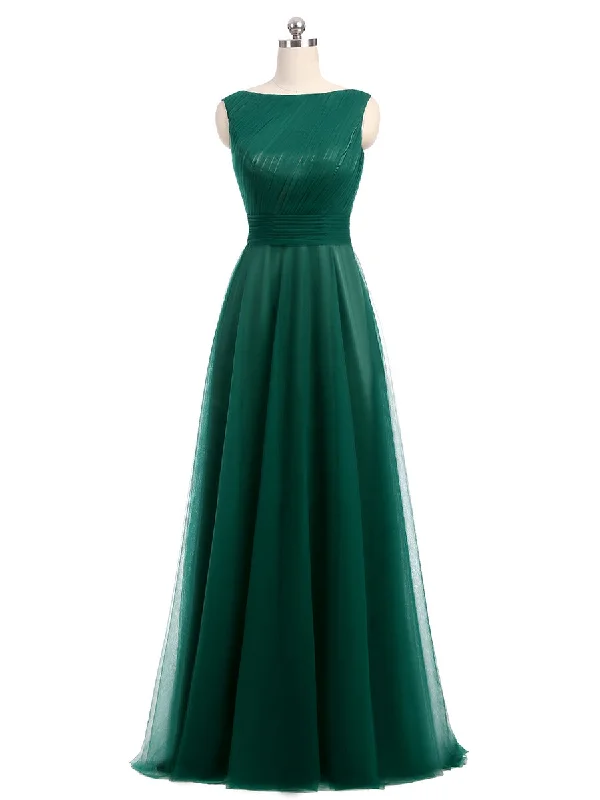 A-Line/Princess Scoop Sleeveless Tulle With Pleats Floor-Length Bridesmaid Dresses