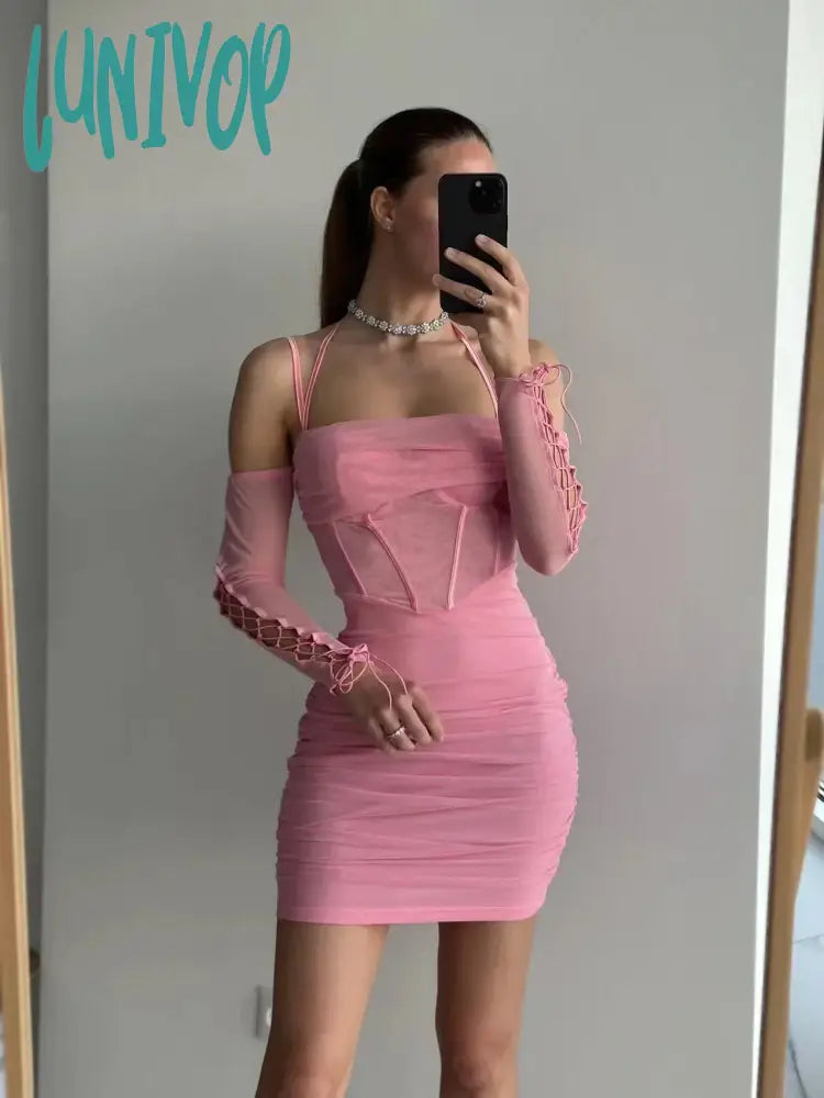 Lunivop Elegant Off The Shoulder Mesh Dress Sexy Halter Boning Bodycon Birthday Party Dresses Pink Summer Dresses Women