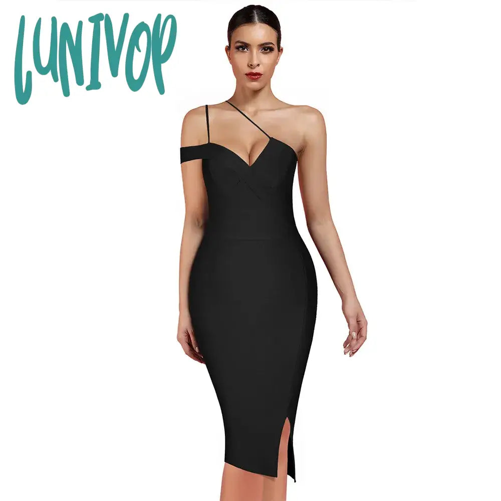 Lunivop Fashion Black Red Women Long Dress Bodycon side Split Deep V Neck Spaghetti Strap Party Bandage Dresses Red off Shoulder