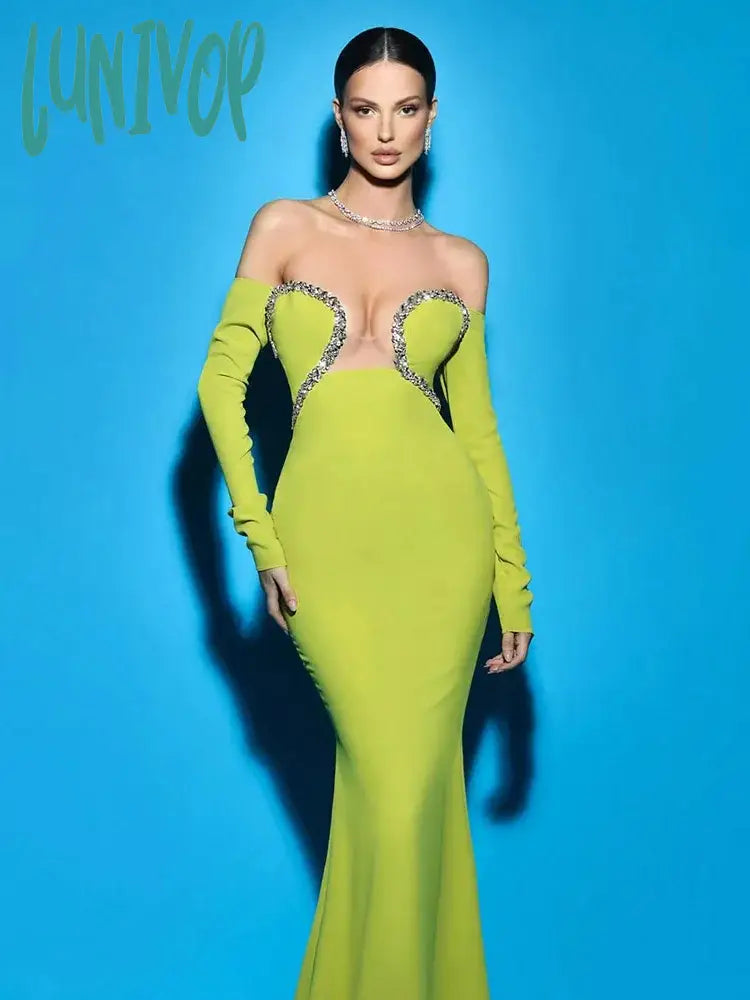 Lunivop Fashion Elegant High Quality Sexy Strapless Diamond Bodycon Long Bandage Dress Vestidos De Fiesta Evening Cocktail Party Dresses