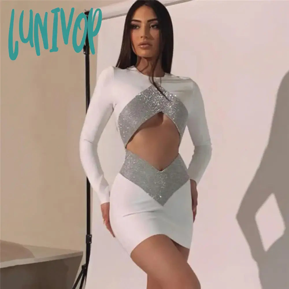 Lunivop Fashion Sexy Hollow Out Bodycon Diamond Women White Bandage Dress Vestidos De Fiesta Evening Cocktail Club Prom New In Dresses