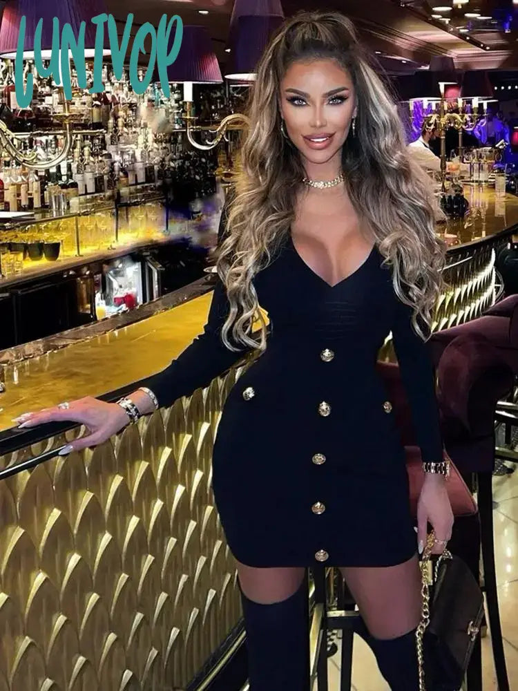 Lunivop Fashion Sexy V Neck Bodycon Button Bandage Dress Vestidos De Manga Larga Formal Occasion Office Outfits Robes Prom Short Dresses