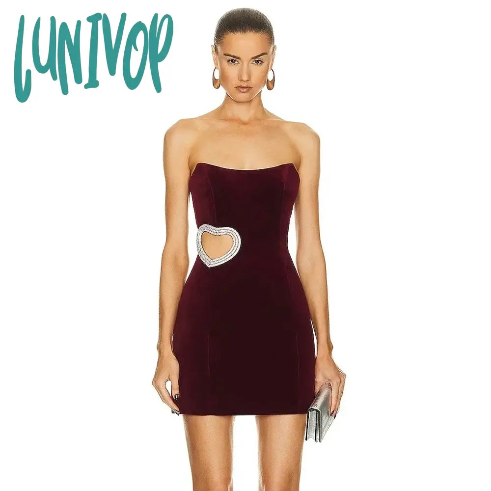 Lunivop High Quality Sexy Strapless Hollow Diamond Heart Luxury Wine Red Tight Bandage Dress Vestidos Para Mujer Cocktail Party Dresses