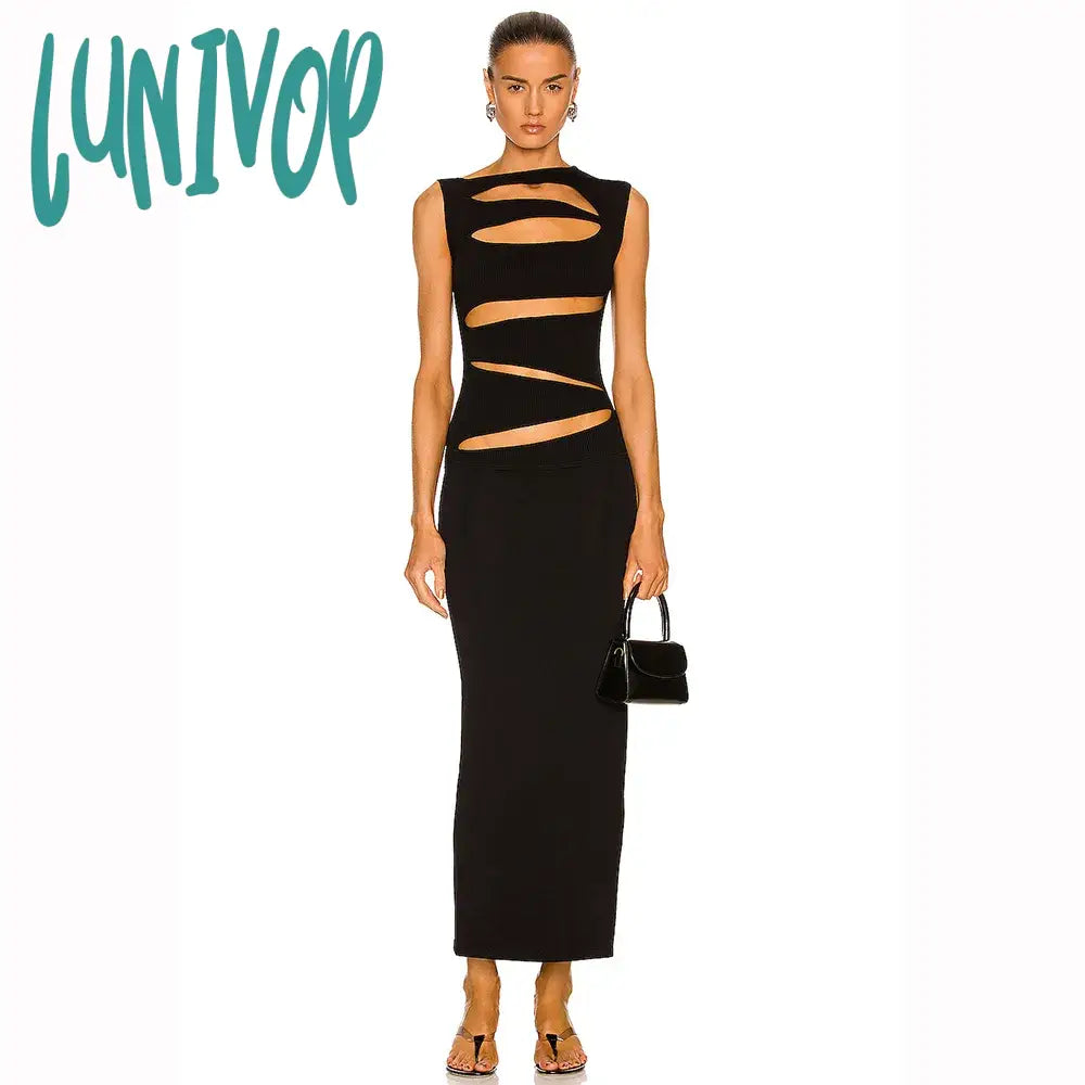 Lunivop High Quality Women Elegant Luxury Black Sleeveless Hollow Bodycon Long Bandage Dress Vestidos Para Mujer Night Birthday Party