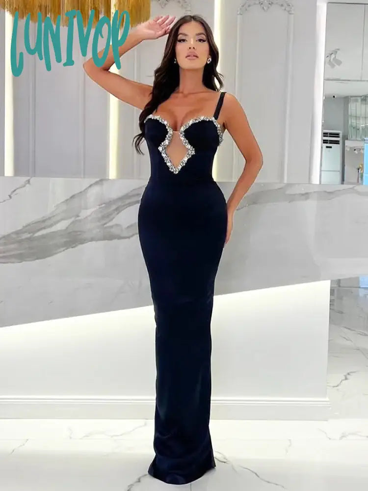 Lunivop New Fashion Sexy V-Neck Crystal Diamond Evening Dress Tight Long Bandage Dress Elegant Evening Party Club Dresses Vestido Robes