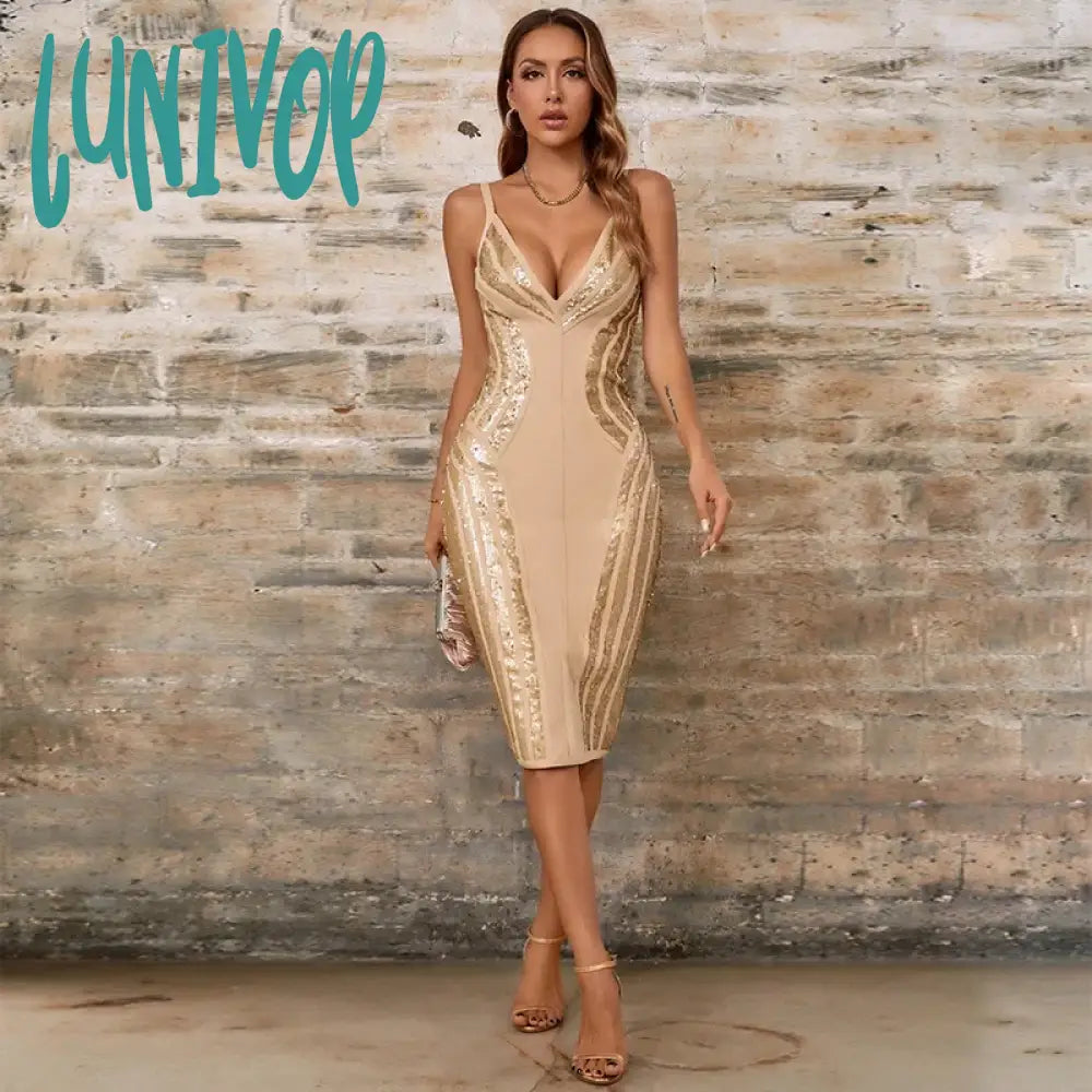 Lunivop New Sexy Glitter Sleeveless V-Neck Bodycon Bandage Dress Wedding Birthday Evening Club Party Vestidos De Fiesta Summer Clothes