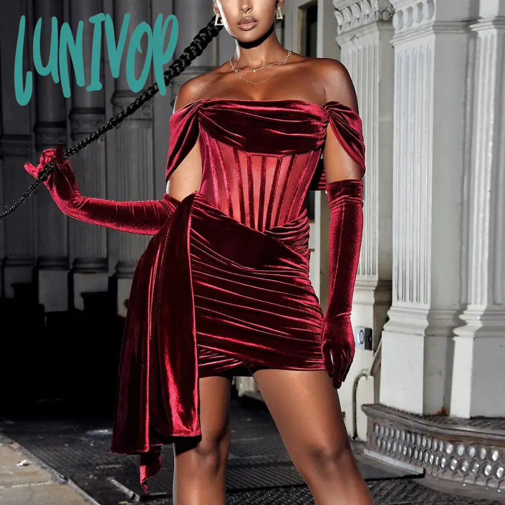 Lunivop Off The Shoulder Velvet Dress Elegant Wine Red Bodycon Night Evening Party Dresses Draped Mesh Patchwork Women Dress