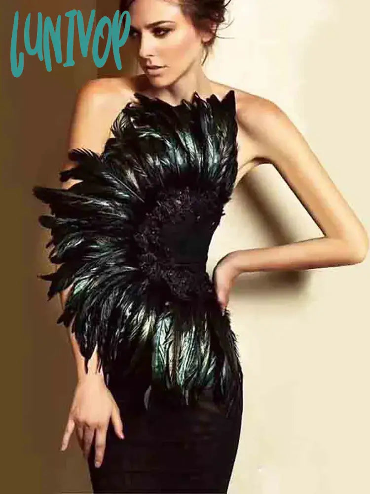 Lunivop Sexy Black Strapless Feather Bodycon Bandage Dress Women Elegant Luxury Vestidos De Fiesta Night Club Outfit Evening Party Prom