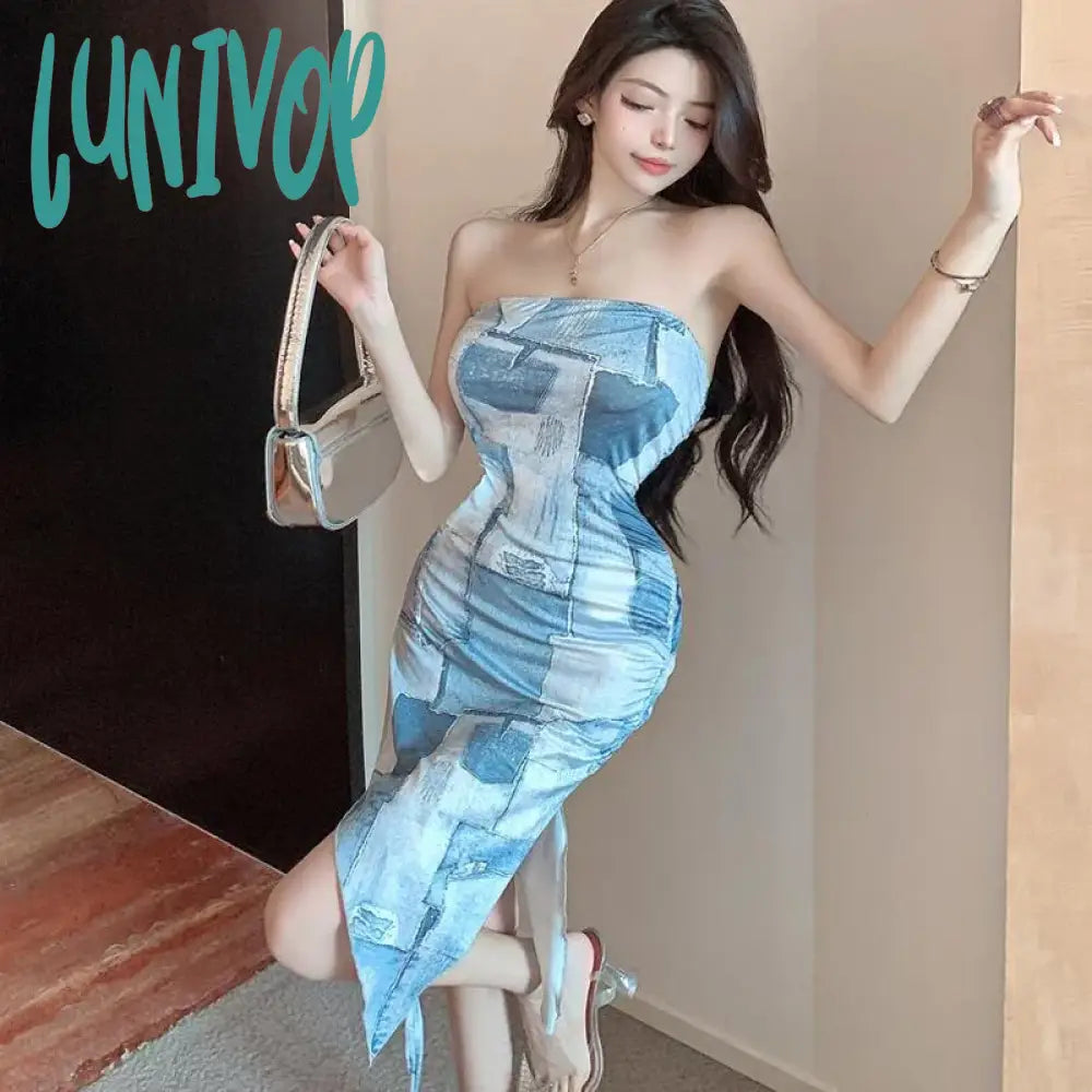 Lunivop Sexy Denim Gradient Print Irregular Strapless Dress Women Backless Split Party Summer Y2k Dress New Bodycon Clothing