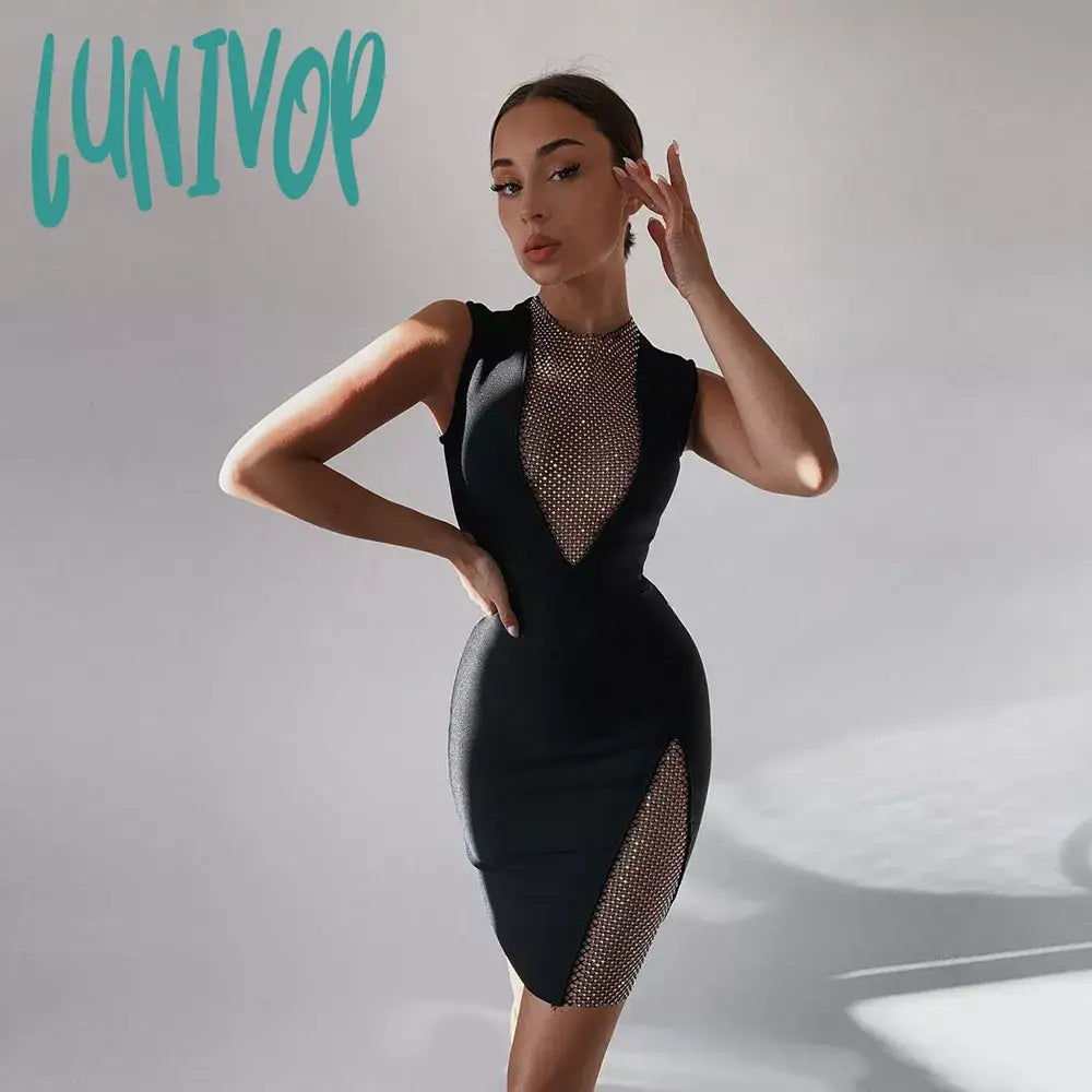 Lunivop Sexy Sleeveless Short Mesh Diamond Bodycon Bandage Dress Vestidos Para Mujer Summer Prom Elbise Robe Evening Party Women Clothes