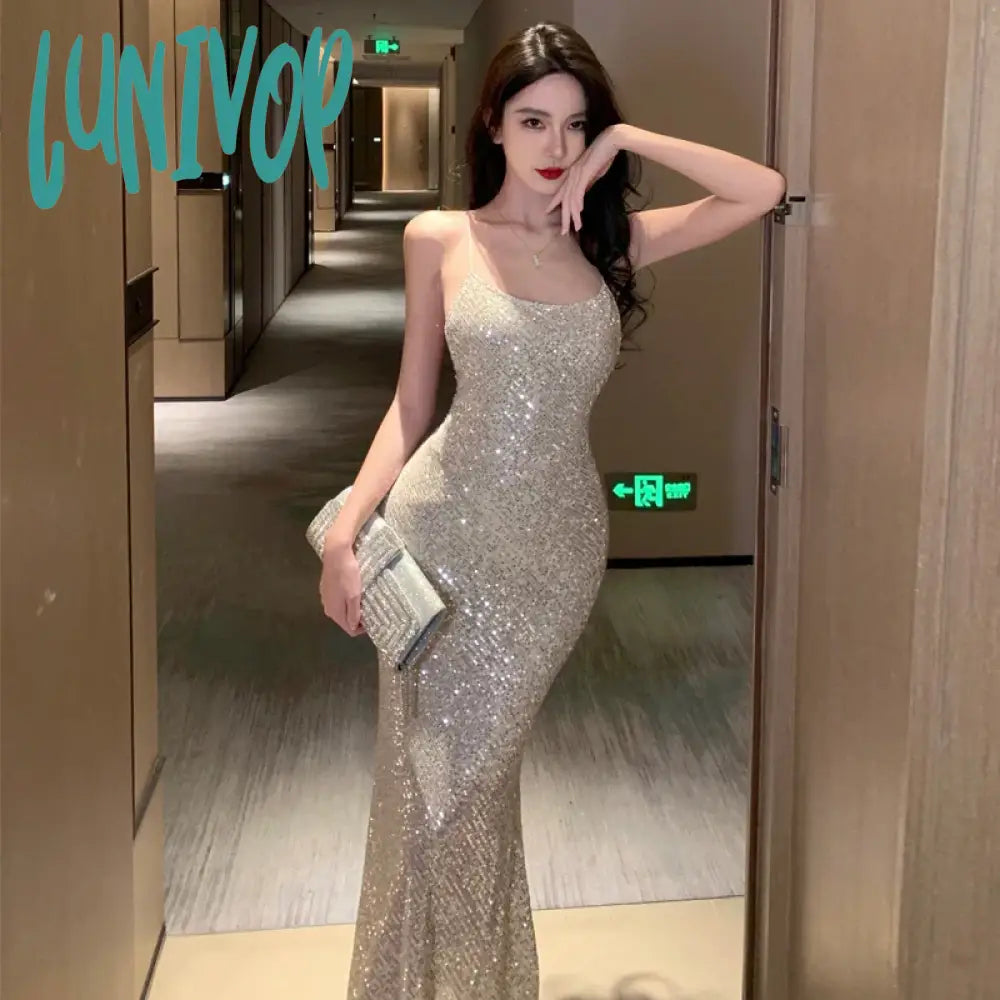 Lunivop Silver Sexy Club Sequin Summer Slip Dress Women 2024 Elegant Luxury Bodycon Birthday Party Dress Wedding Evening Prom Dresses