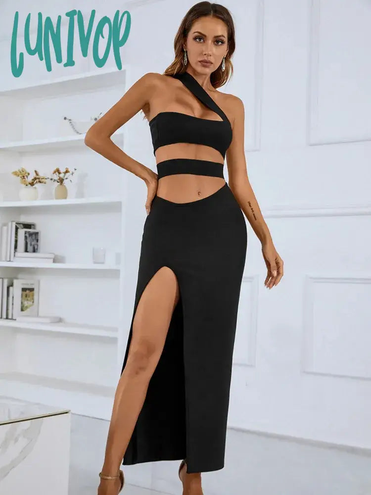 Lunivop Solid Women Summer Sexy One Shoulder Hollow Out Black Split Mid-Caf Bodycon Bandage Dress Elegant Evening Club Party Dress