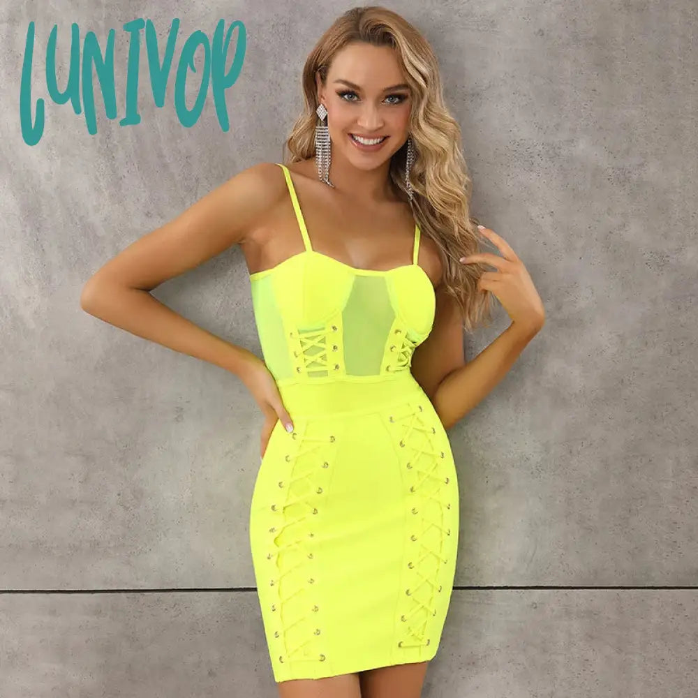 Lunivop Summer Fashion Sexy Sleeveless Mesh Eyelet Neon Yellow Hot Pink Bodycon Bandage Dress Fashion Party Dress Vestido