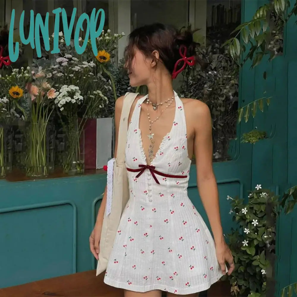 Lunivop summer outfits inspo INS Style 2024 Summer New Sweet and Spicy Deep V Breasted Backless Cherry Print Waist-Tight Halter Dress Women