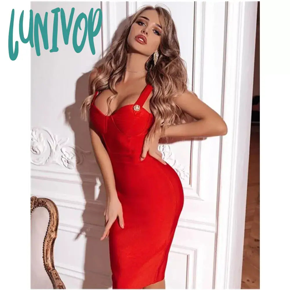 Lunivop Women Summer Fashion Sexy V Neck Backless Button Red Black White Bodycon Bandage Dress Evening Party Dress Vestido