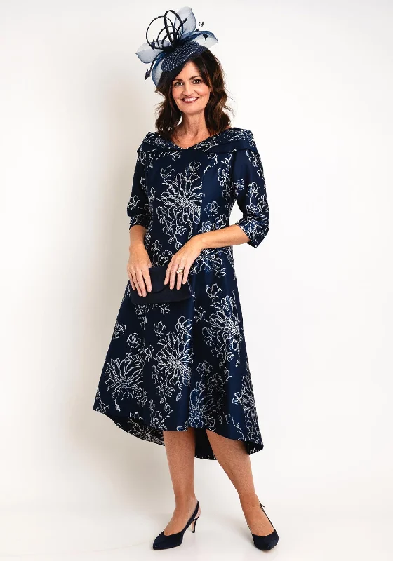 Lizabella Floral Jacquard Dip Hem Midi Dress, Navy