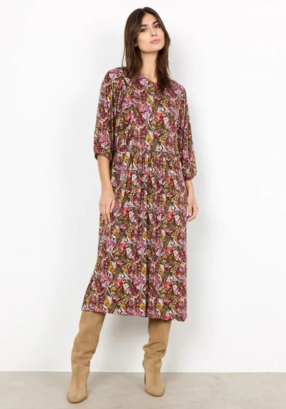 Soyaconcept Marica Puff Sleeve Floral Print Midi Dress, Bordeaux