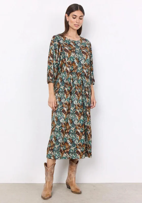 Soyaconcept Marica Puff Sleeve Floral Print Midi Dress, Dark Green