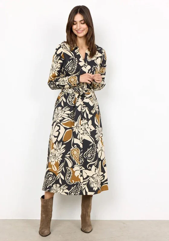 Soyaconcept Tamaya Floral Print Midi Shirt dress, Camel