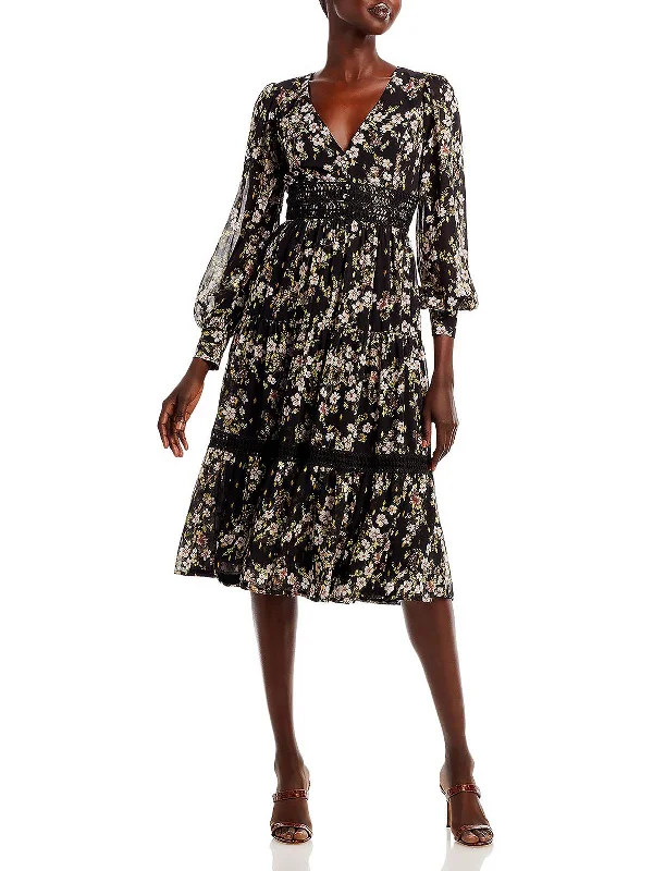 Womens Floral Print Crochet Trim Midi Dress