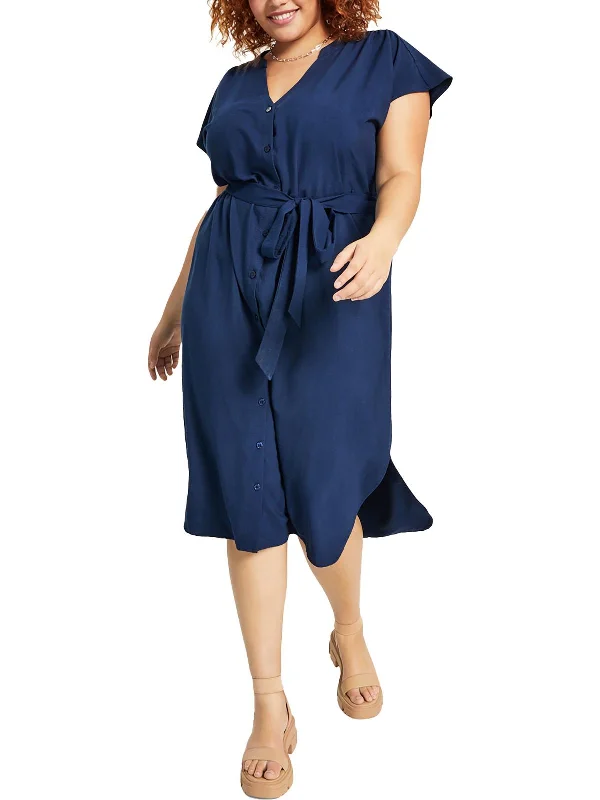 Plus Womens Belted Flowy Shirtdress